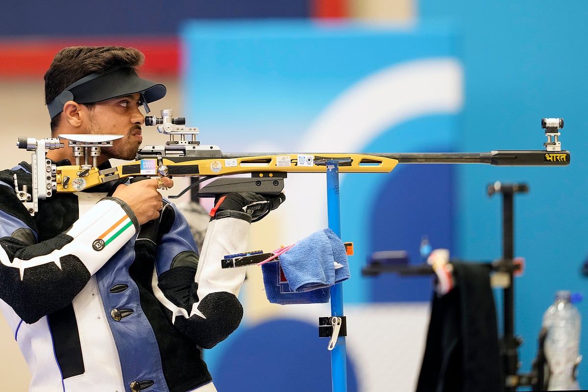 India's Swapnil Kusale competes in the 50m rifle 3 positions men's final at the 2024 Summer Olympics, Thursday, Aug. 1, 2024, in Chateauroux, France.
 -  (AP Photo/Manish Swarup)